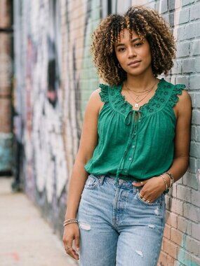 LOFT Emerald Green Eyelet Ruffle Tie Neck Button Top - Size M